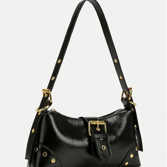 Women's Faux Leather Buckle Shoulder Bag Top Handle Studded Purse - Picture 3 of 5